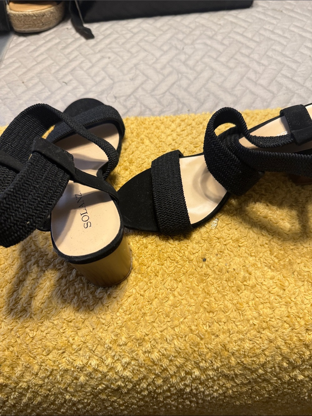 Soluna Black Woven Elastic Strap Low Block Heel Sandals - Picture 2 of 2